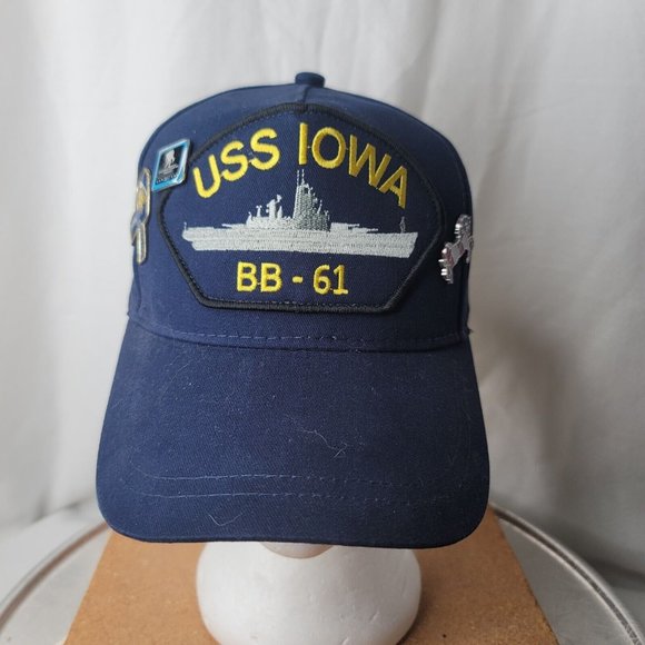 USS Iowa BB-61 EMBROIDERED Blue Cap Hat Military w Three Pins - Picture 1 of 7